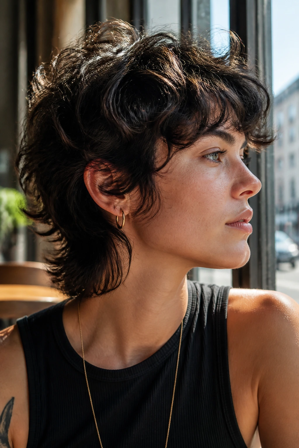 Close-up of a real person with neck-hugging shag mullet and thick waves in natural cafe light.