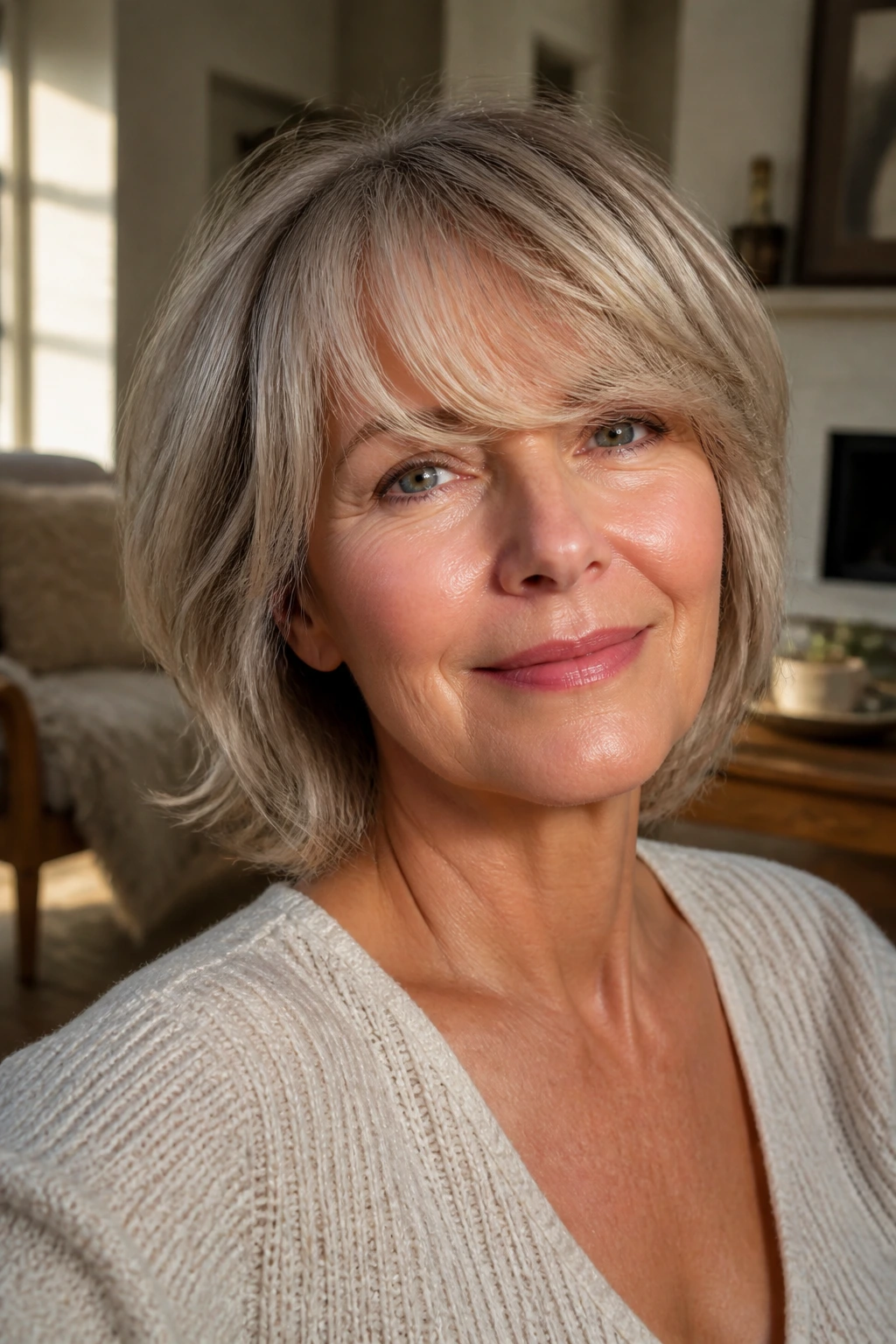 Close-up portrait of woman with Neck-Length Layered Cut Sweeping Bangs
