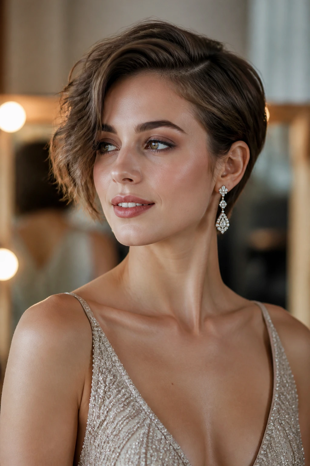 Portrait of a person with short hair, elegant earrings, and a defined neckline