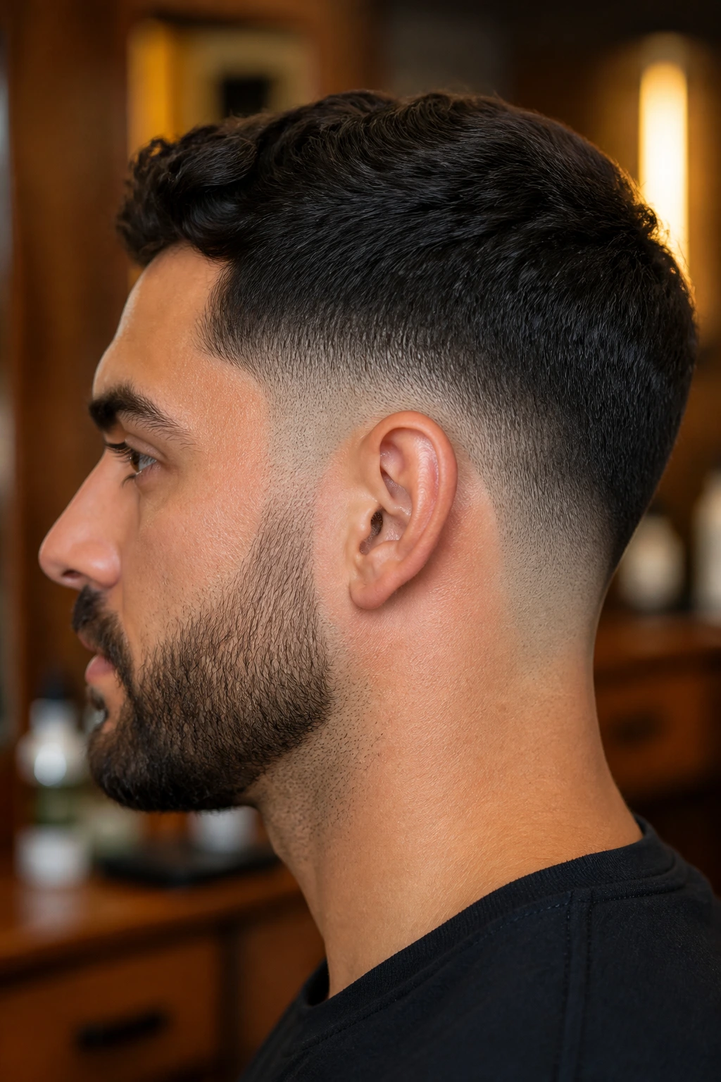 Close-up profile of a real man highlighting the neckline and temple fade of a tapered cut in warm barbershop light.