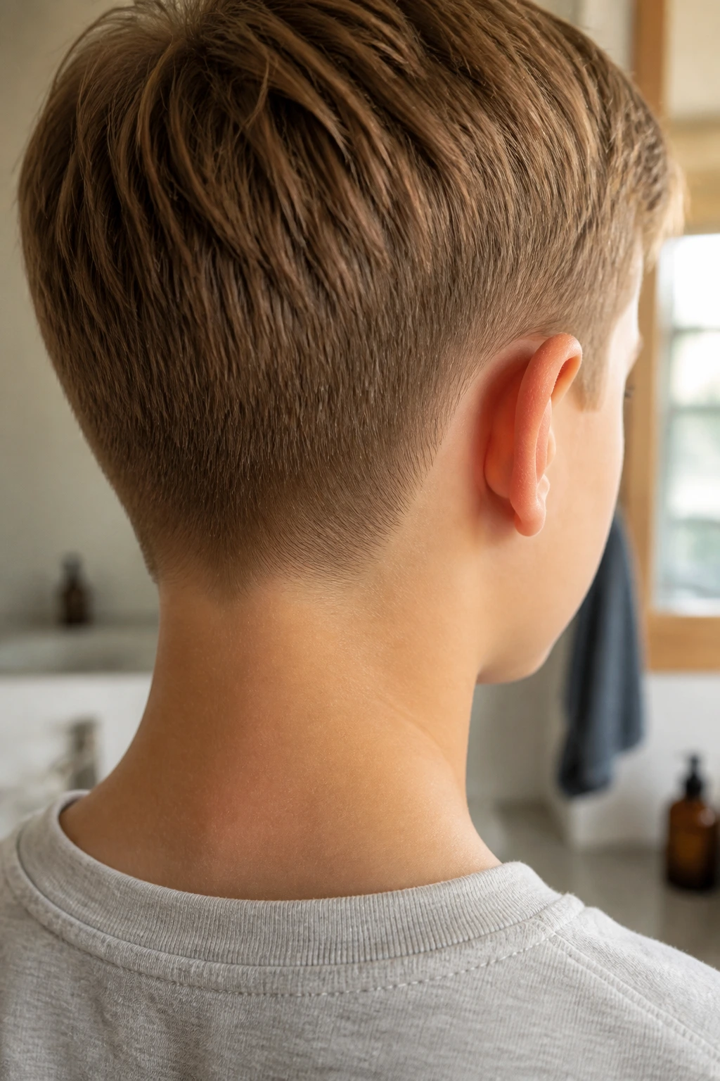 Neckline trim and tidy ears on a real boy's haircut in a home bathroom
