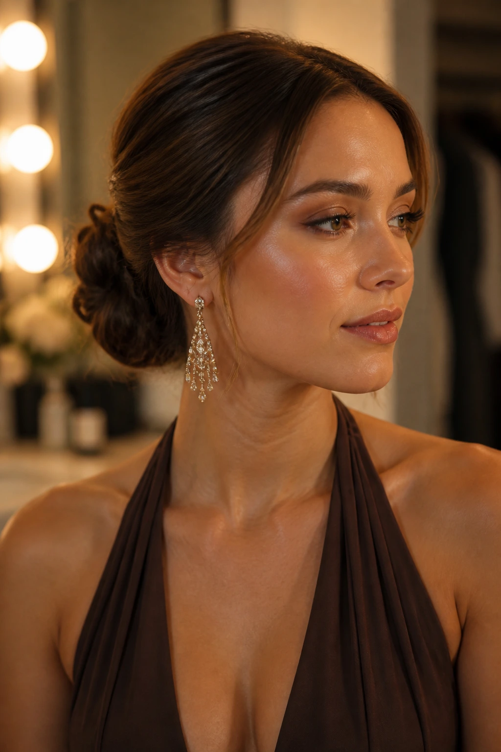 Close-up portrait of woman with low bun and halter neckline, statement earring in warm light
