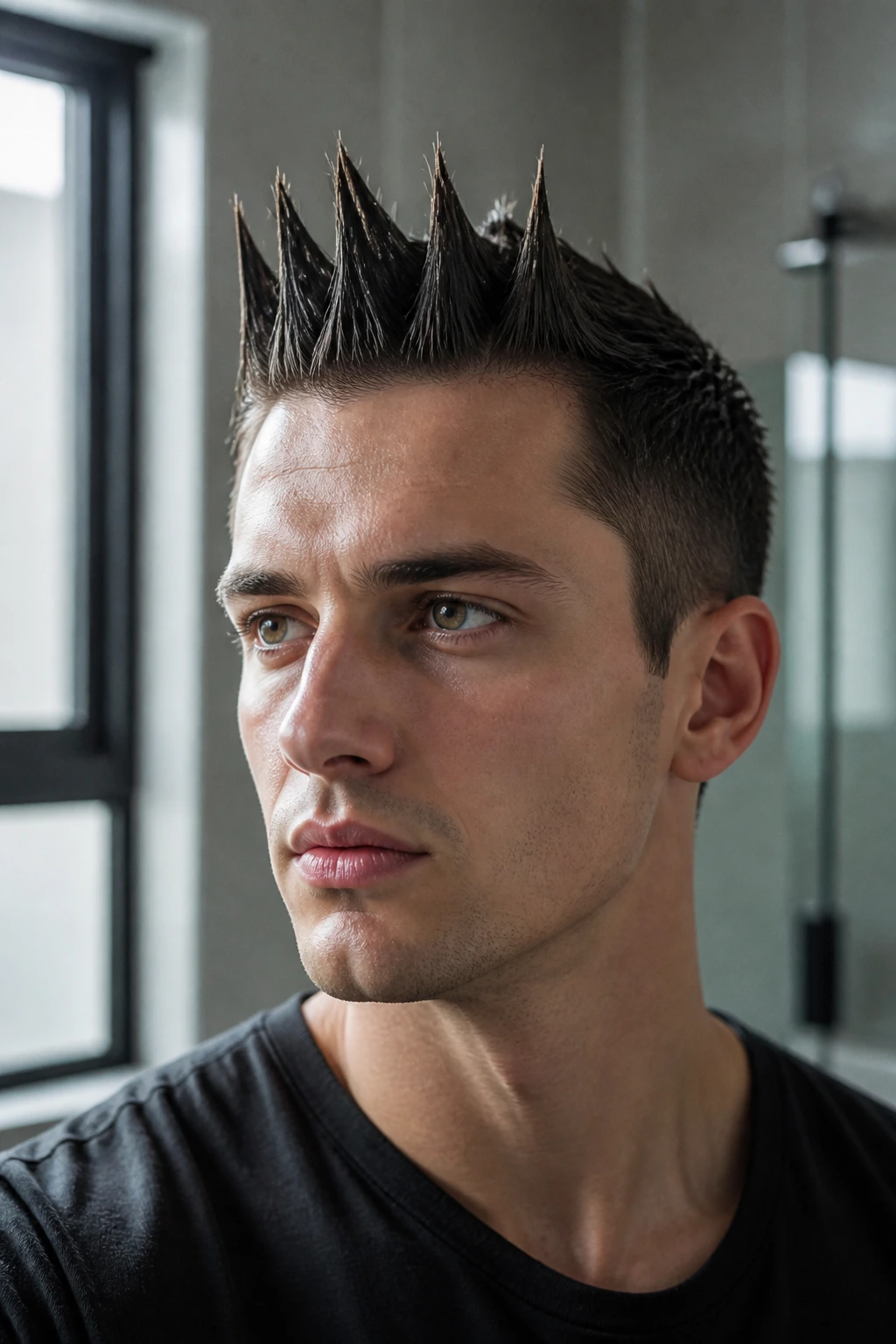 Close-up of man with straight, needle-like spikes, natural window light