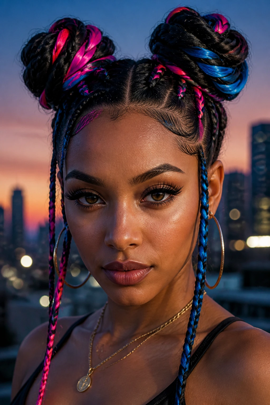 Close-up of a person with neon accent braided space buns.