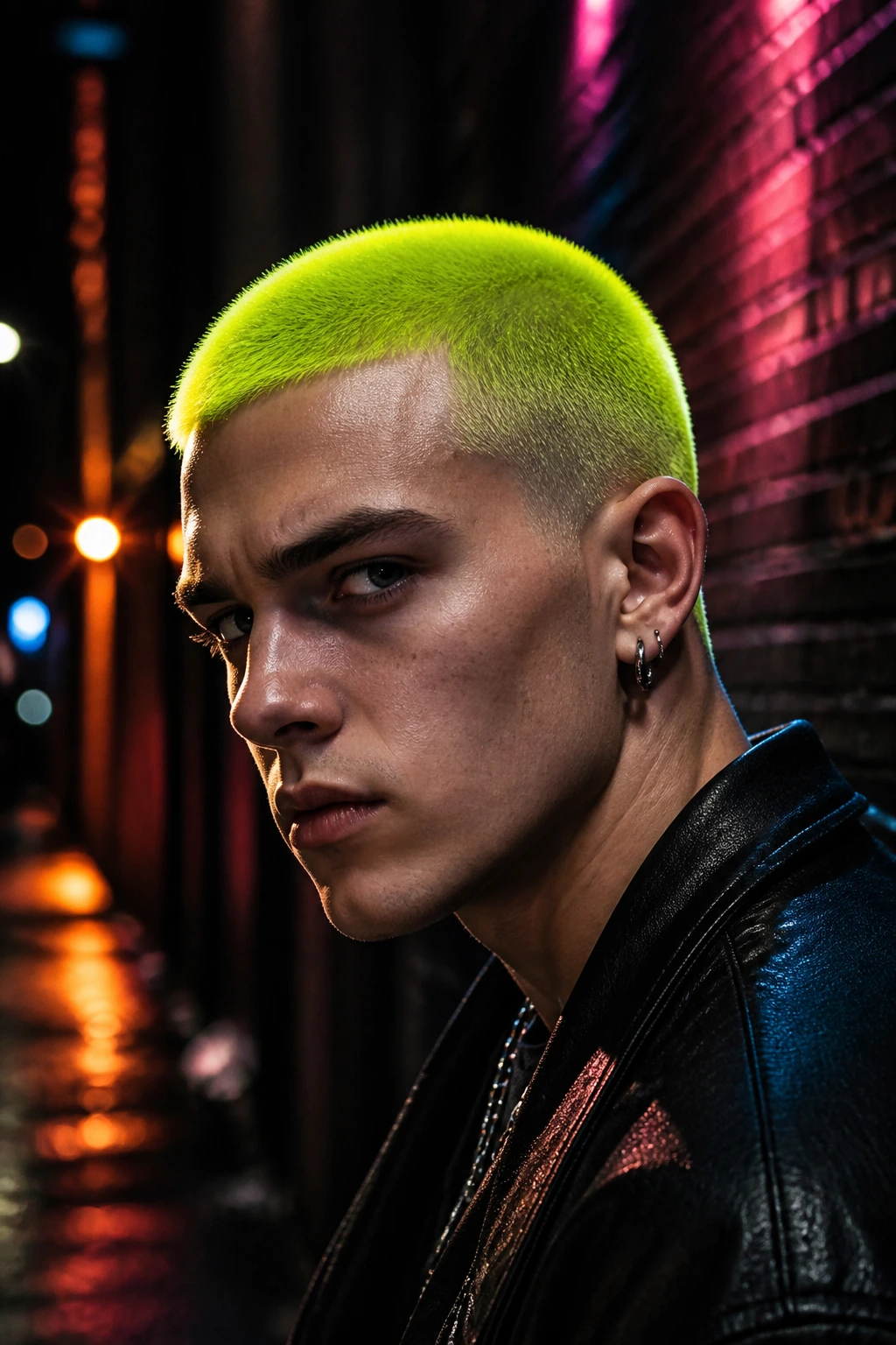Portrait of a real person with a neon buzz cut under urban night lighting