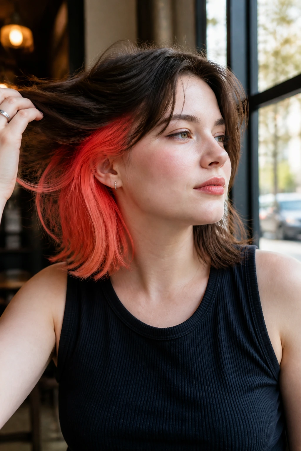 Neon coral peekaboo panels visible under top layer on real person
