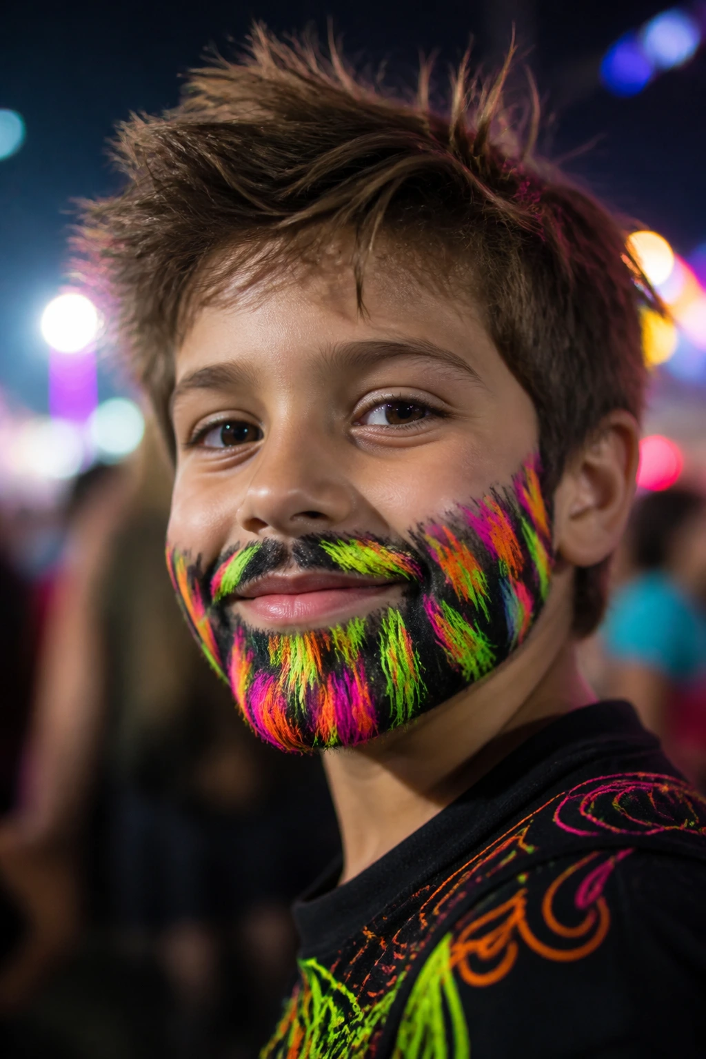 Boy with neon festival beard in a bright outdoor setting