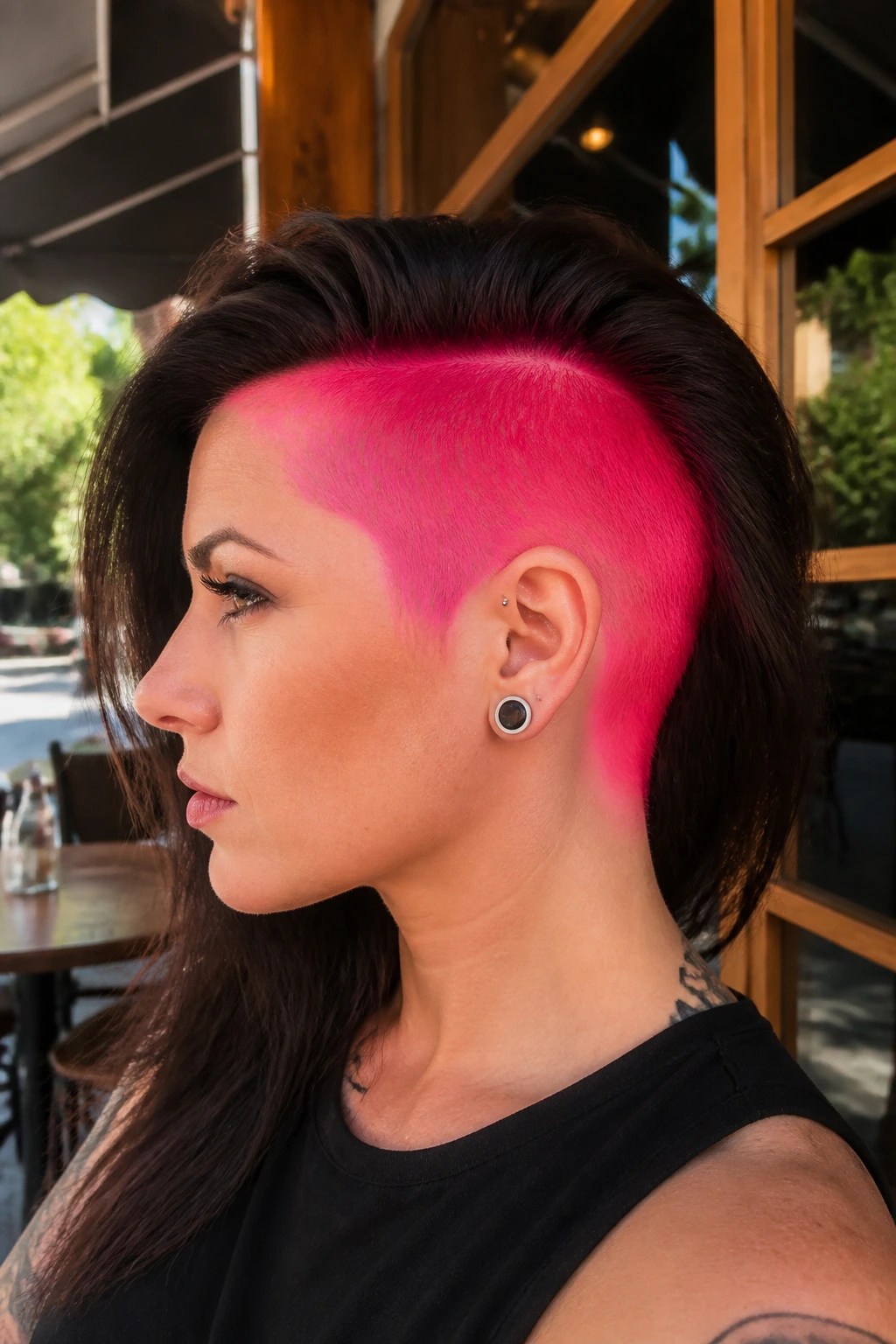 Profile of Neon Pink Undercut on a real woman with bright pink undercut visible under darker hair