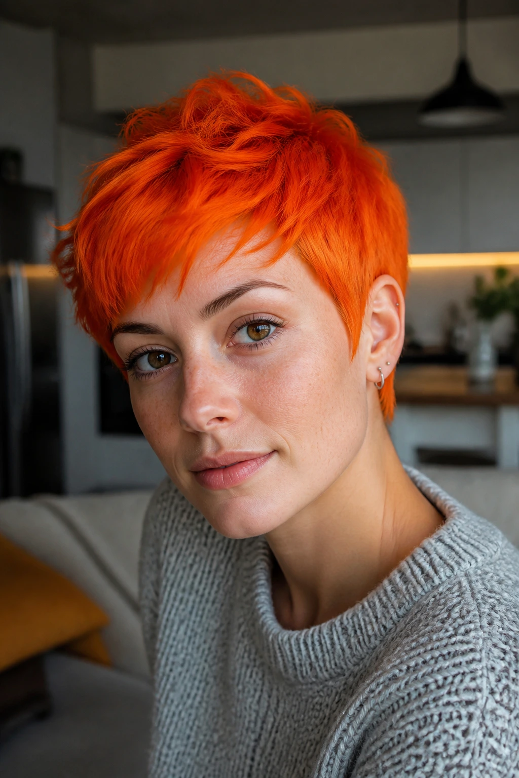 Portrait of a woman with neon pumpkin pixie cut.