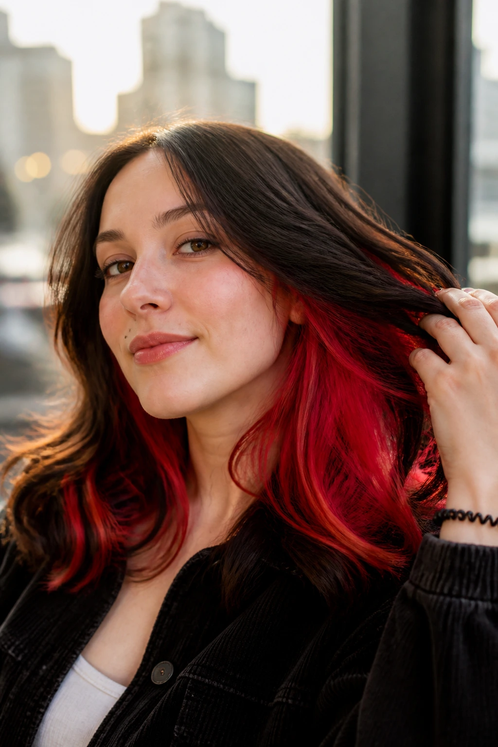 Close-up portrait of a real woman with neon red peekaboo streaks visible under the top layer