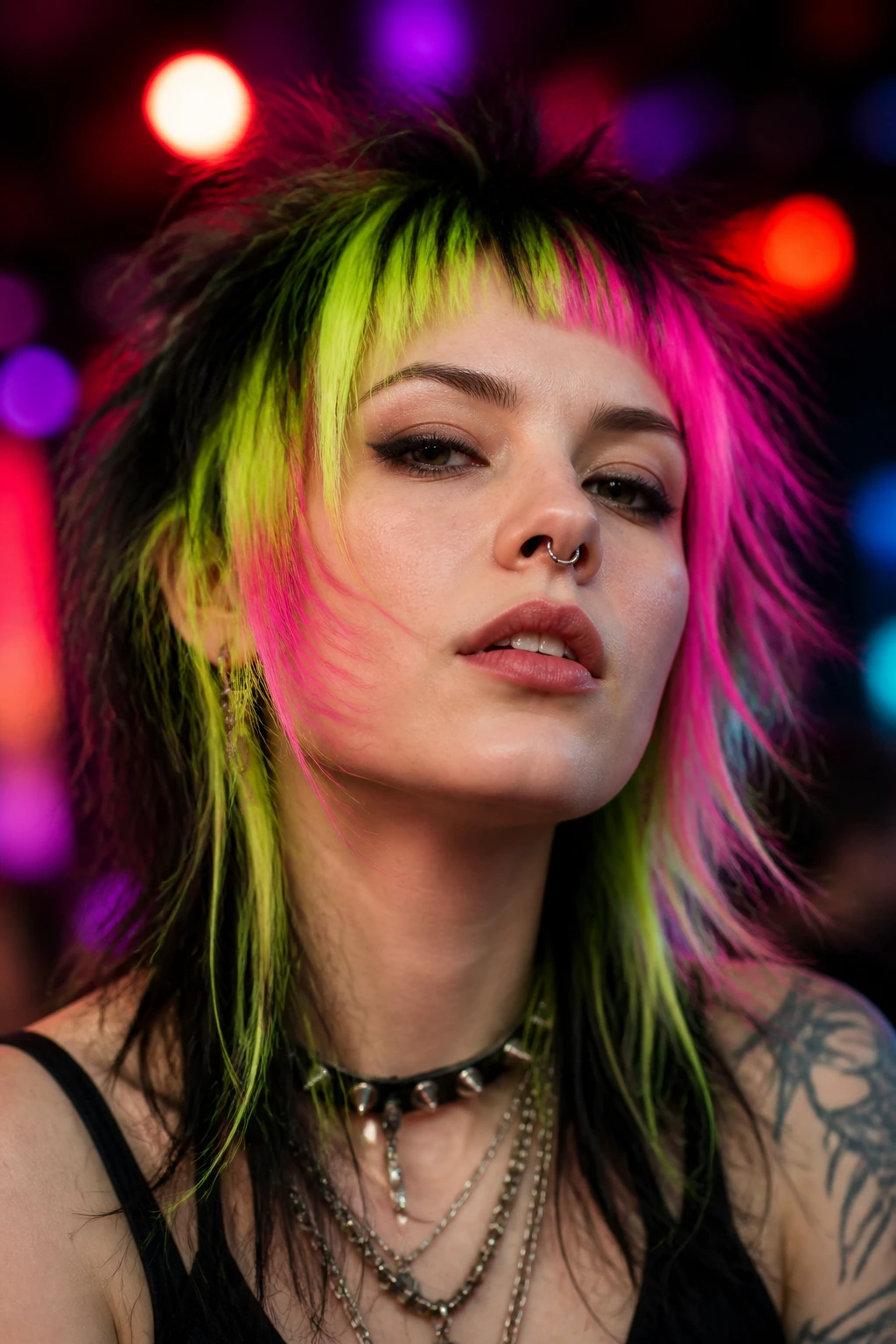 Portrait of a person with neon streak shag and micro bangs, club lighting.