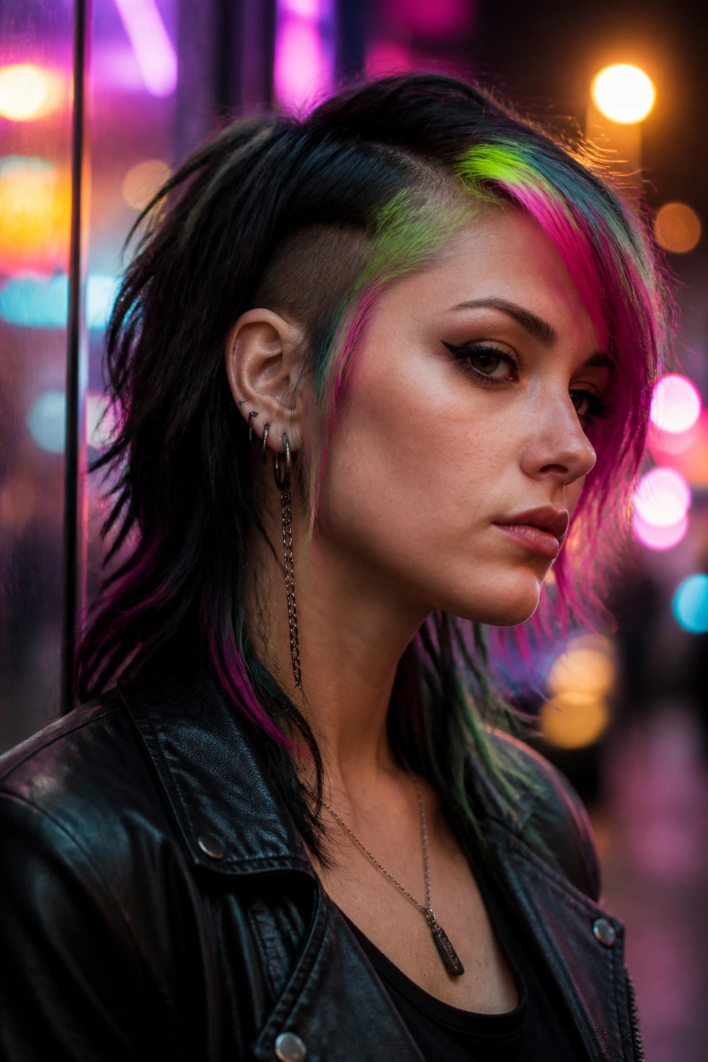 Close-up portrait of a real person with neon streaked shag and undercut panels, shoulder-length color at the front.