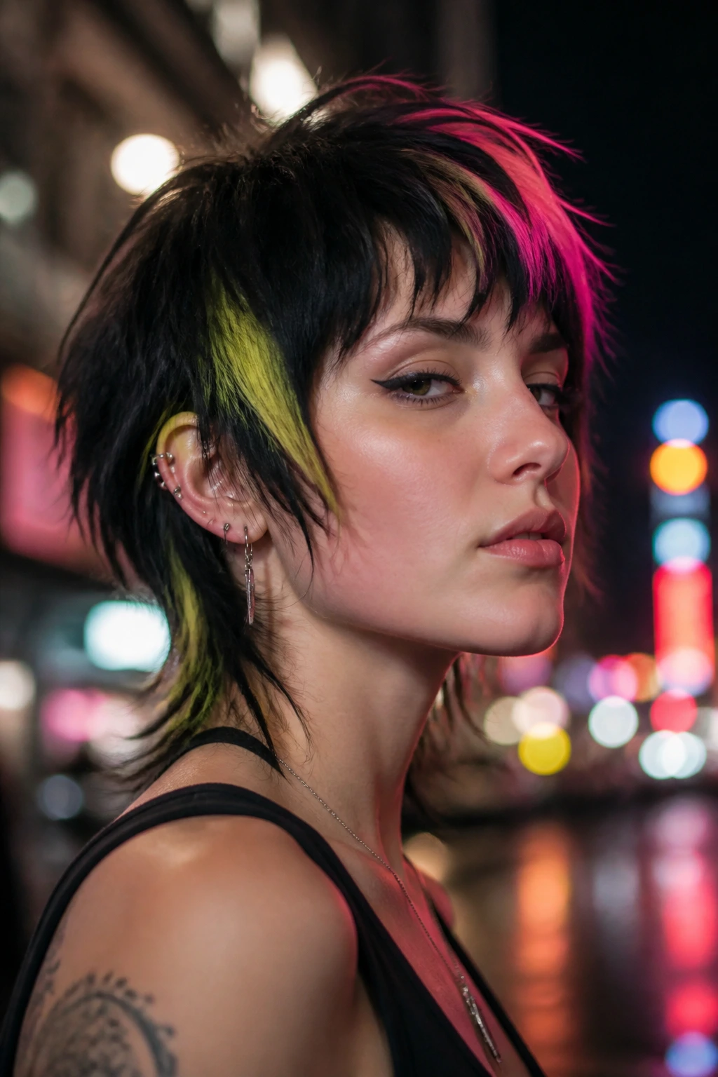 Real person with neon streaks in wolf cut at night with city lights