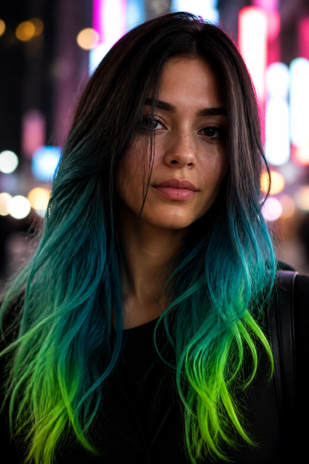 Close-up portrait of a real woman with long hair and neon aqua tips at the ends against an urban neon night backdrop.