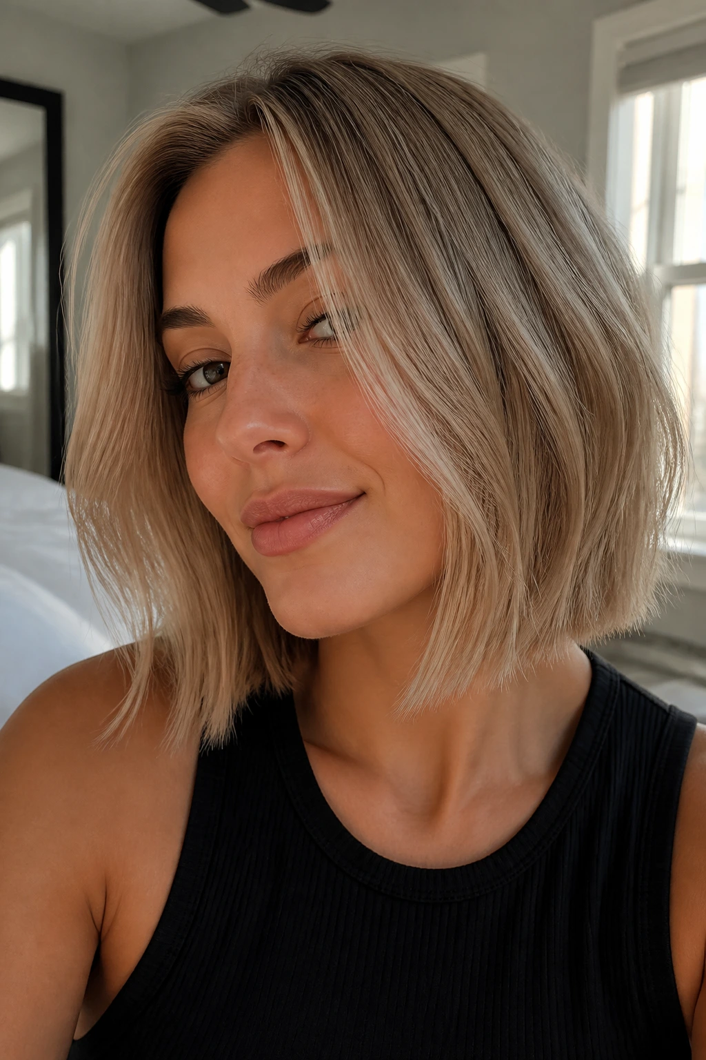 Real woman with neutral blonde hair matched to a blunt cut