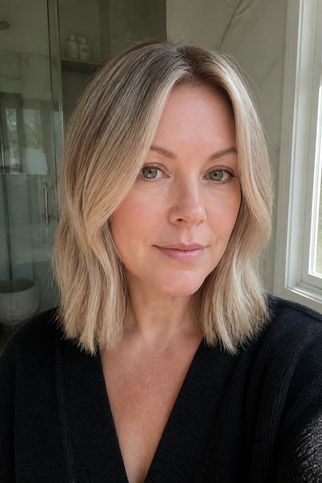 Close-up portrait of a real woman with a neutral blonde after overlap rescue