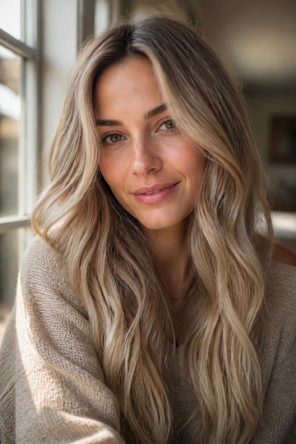 Close-up portrait of a real person with neutral blonde hair in soft window light