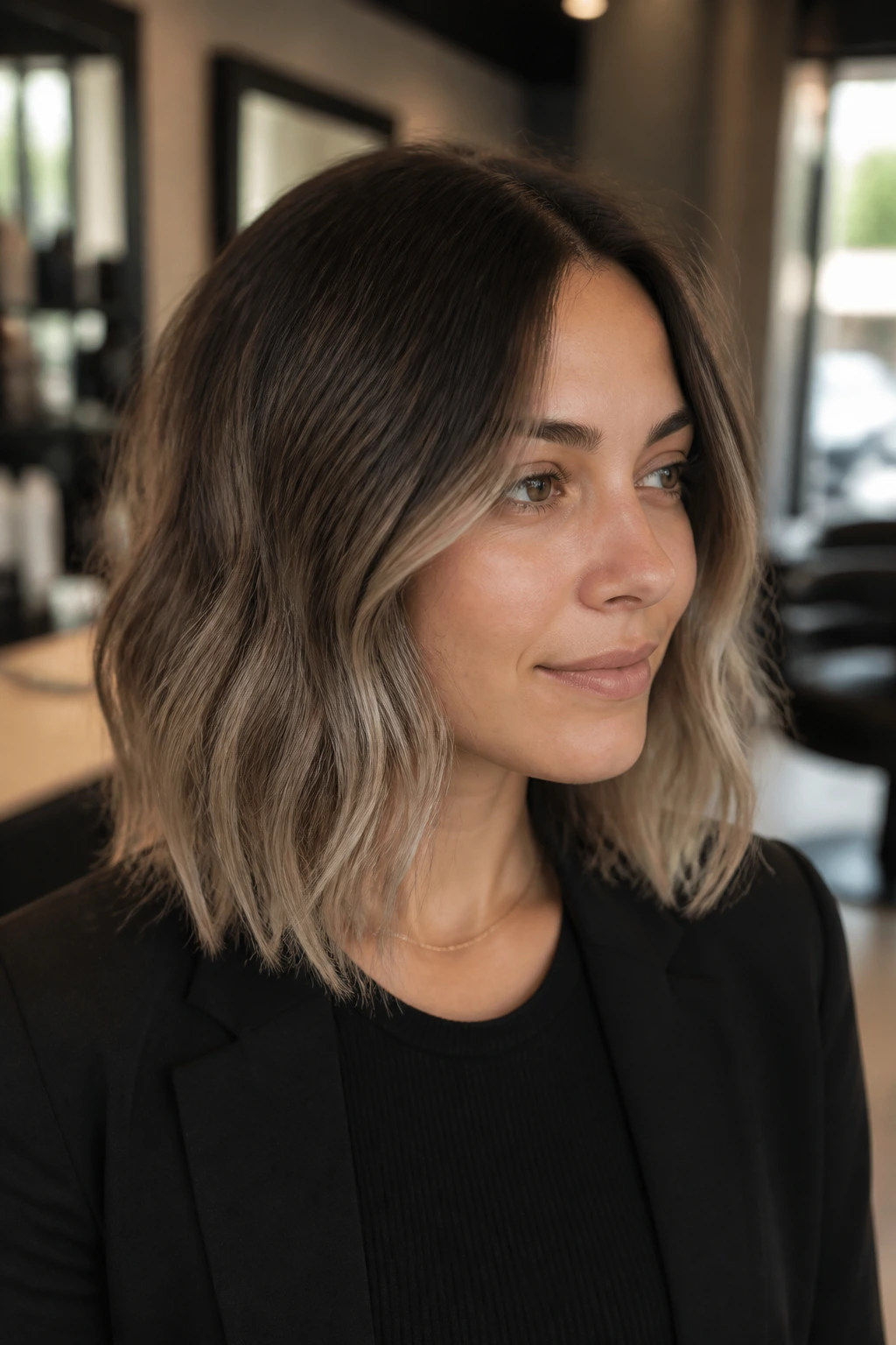 Portrait of a person with a neutral brown to smoky beige ombre on a lob