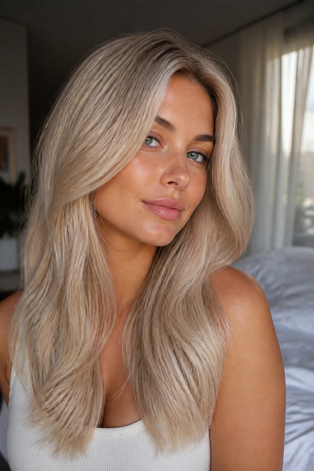 Portrait of a real person with neutral platinum beige hair in sunlit room
