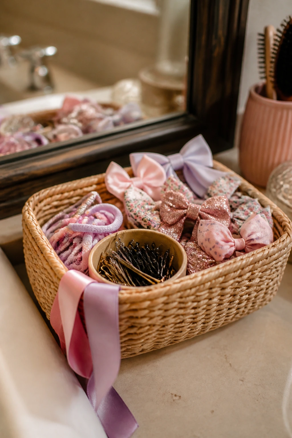 Basket of hair elastics, pins, bows, and ribbons on a bathroom counter for night-before prep