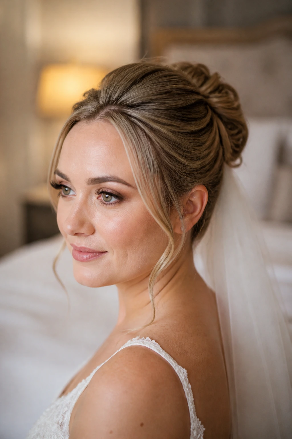 Bride with anchored updo prepped the night before in a bedroom