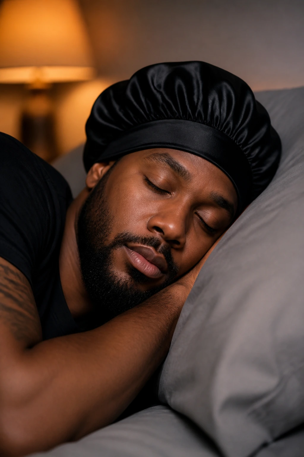 Man wearing a satin bonnet for night care of locs