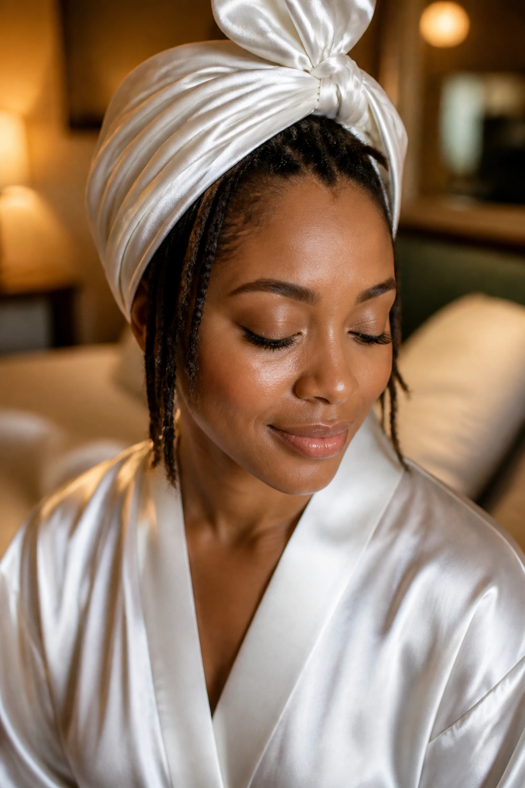 Bride with satin scarf head wrap for night-before care