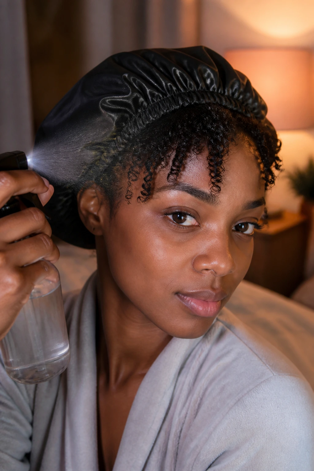 Close-up of a real woman refreshing curls at night with a satin bonnet