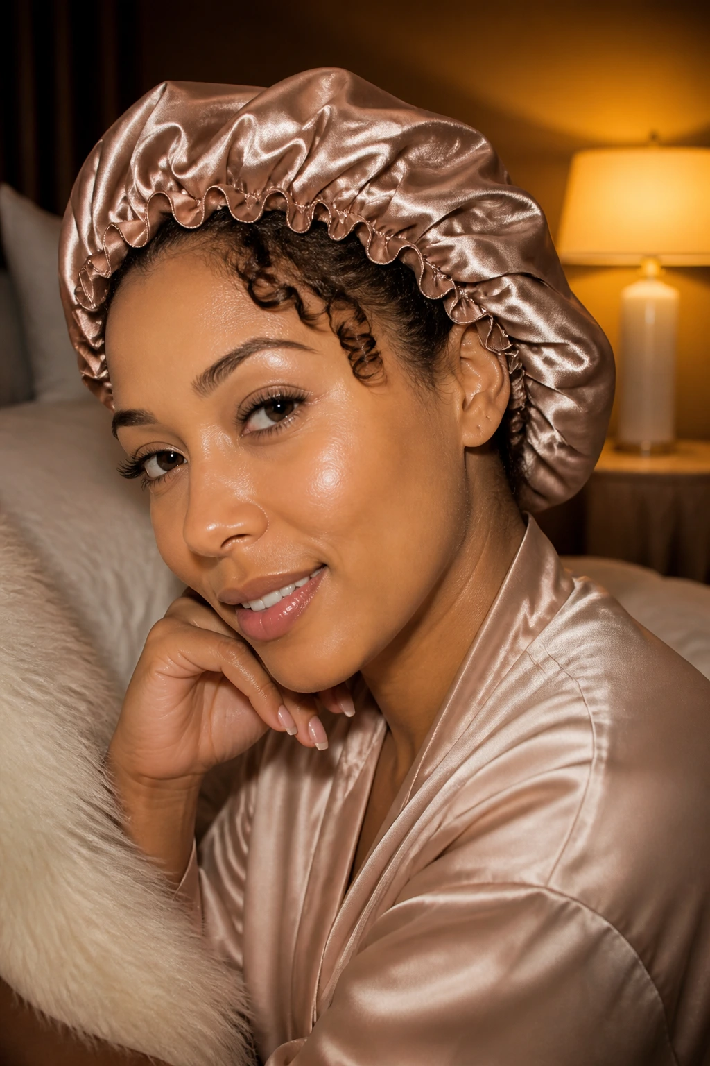 Close-up of a woman wearing a satin bonnet in a bedroom, promoting night care for 3b curls