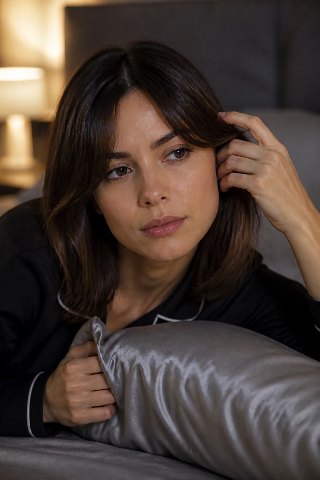Woman at night tucking fringe with silk pillowcase