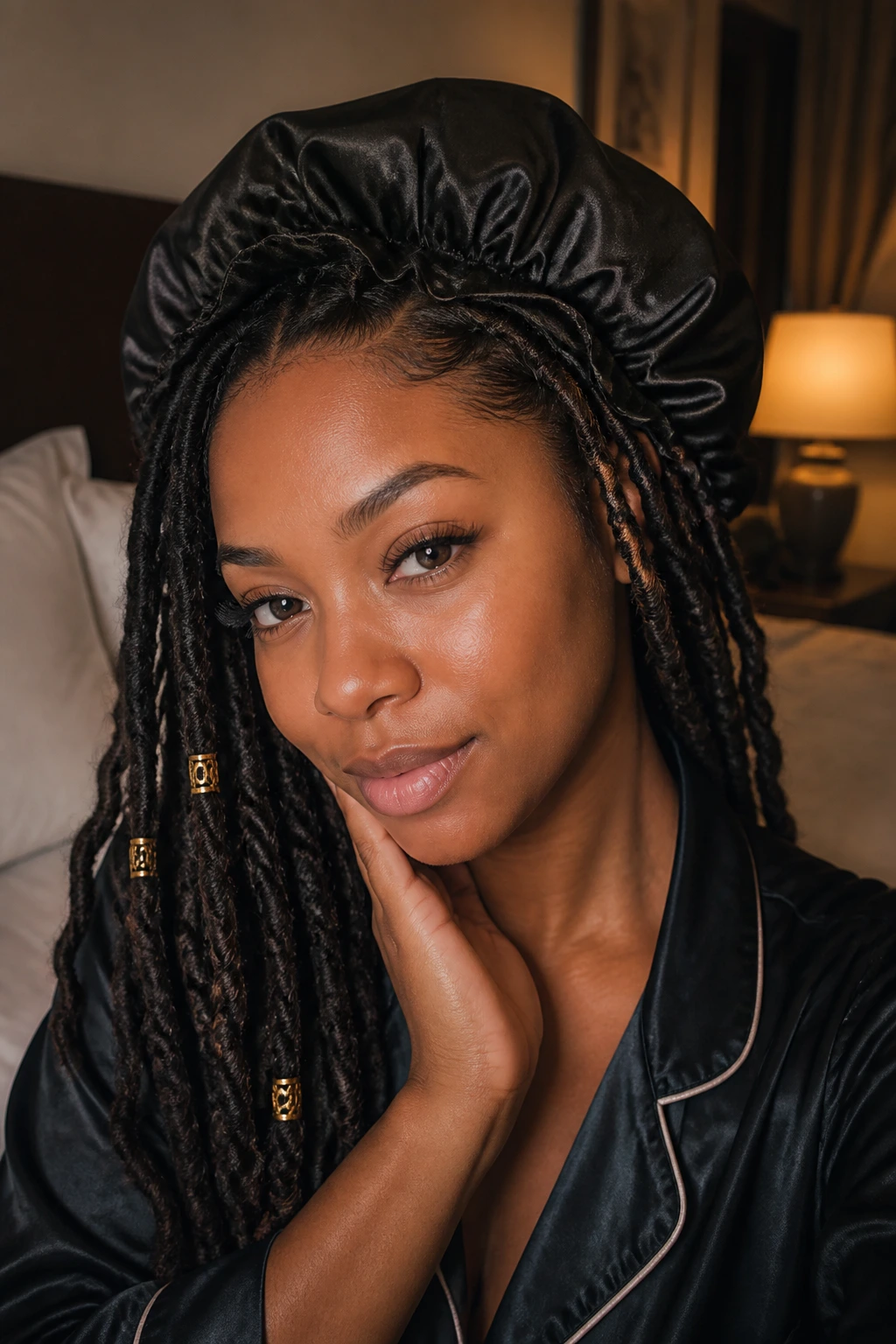Woman in a bedroom with satin bonnet protecting goddess locs.