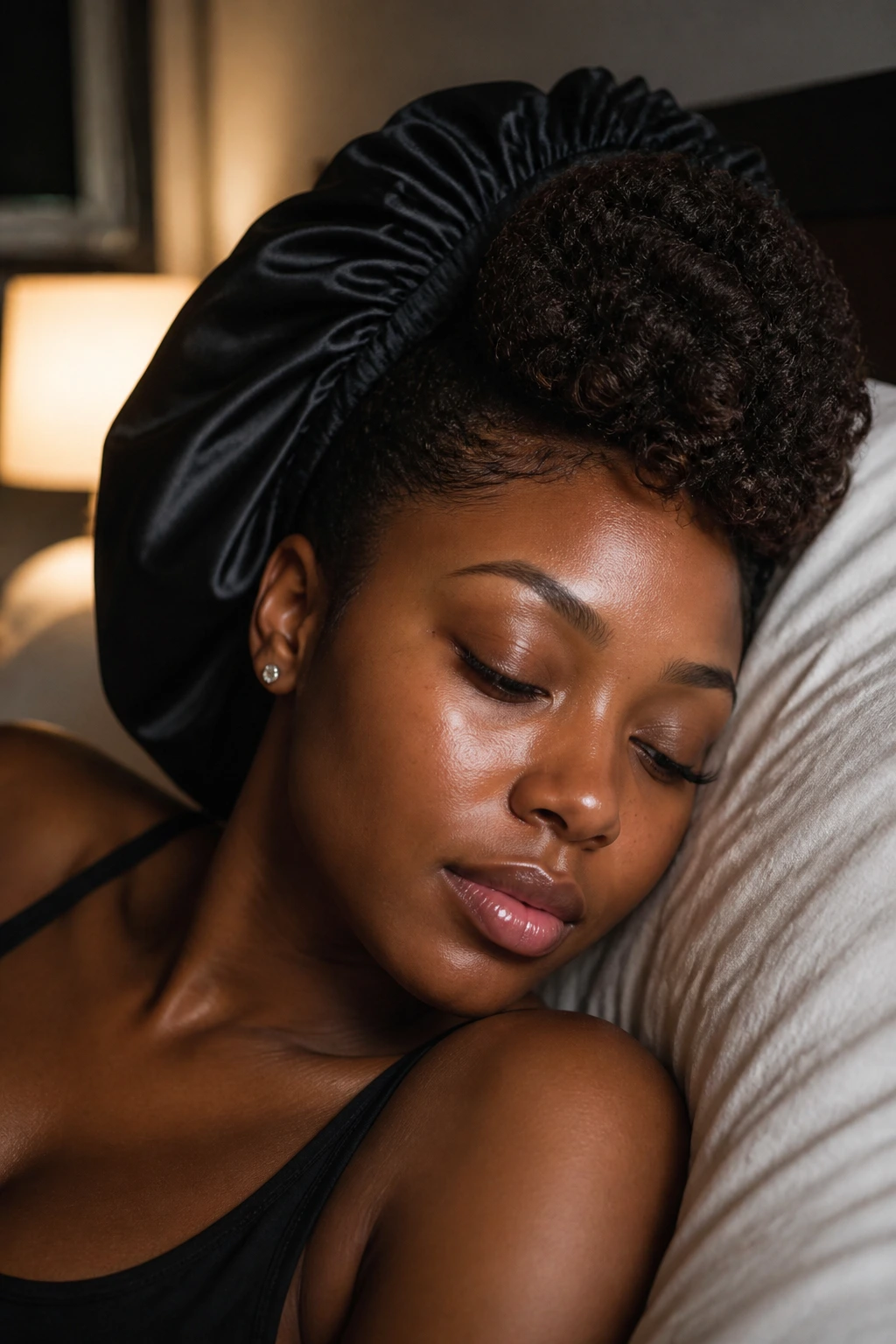 Portrait of a woman with crochet mohawk under a satin bonnet in a softly lit bedroom at night