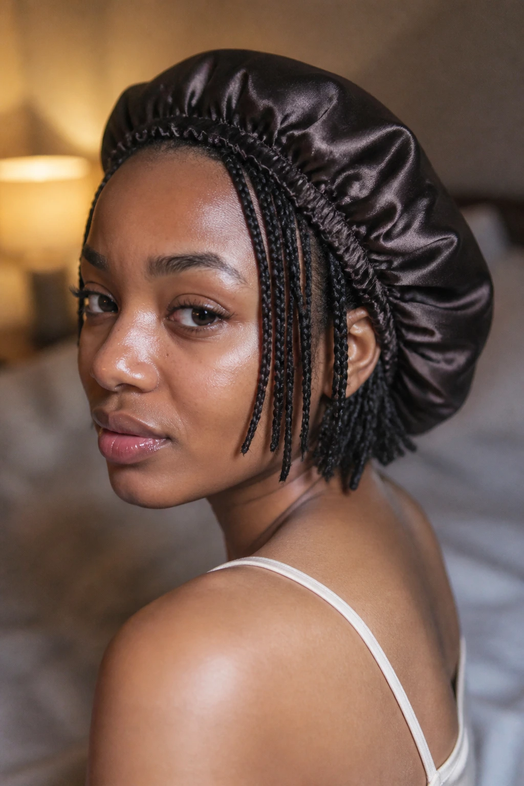 Portrait of a person wearing a satin bonnet with visible short box braids in a bedroom