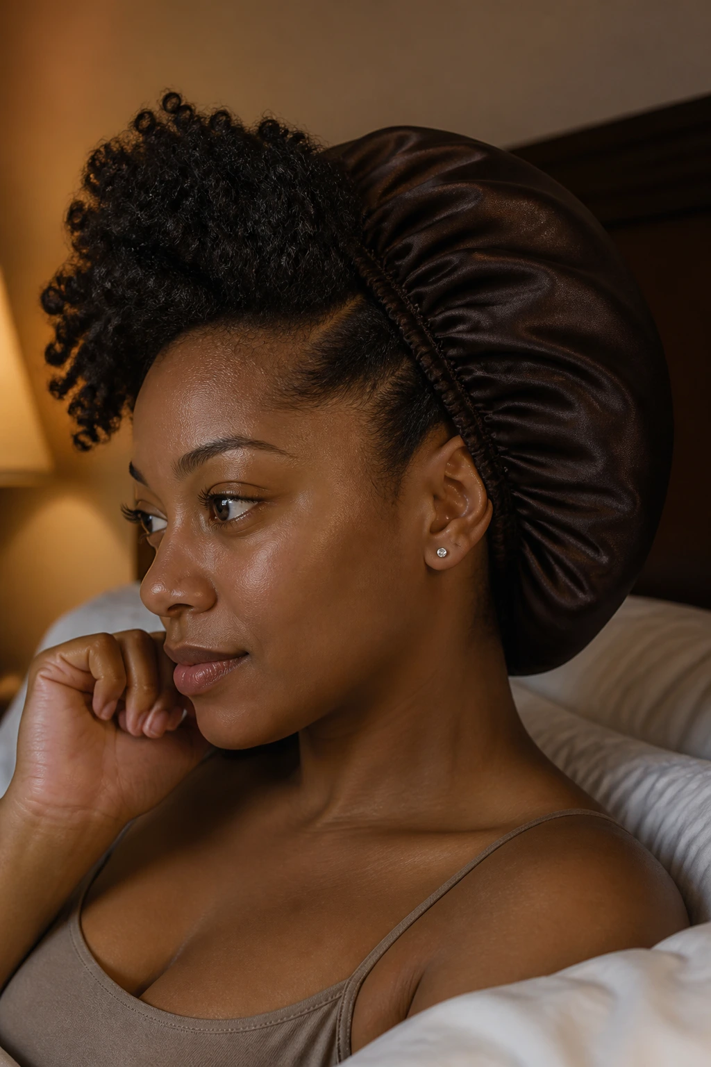 Real person wearing a satin bonnet over a mohawk hairstyle in a bedroom