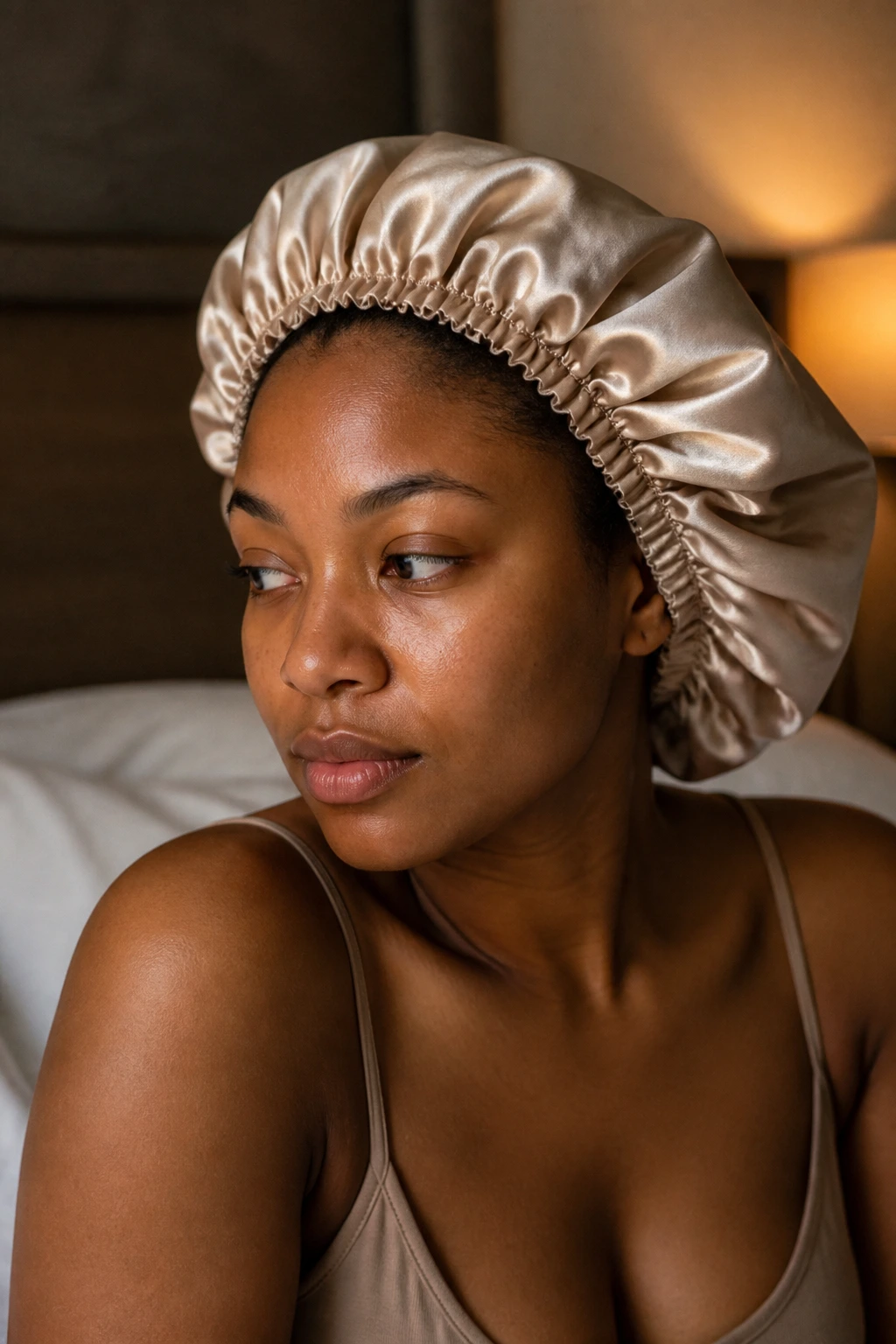 Person wearing a satin bonnet at night protecting short curls