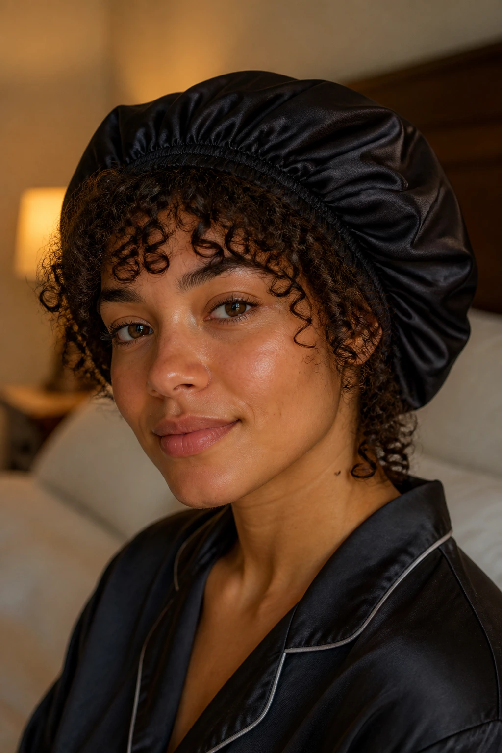 Portrait of a real woman with curly hair in a satin bonnet at night setting
