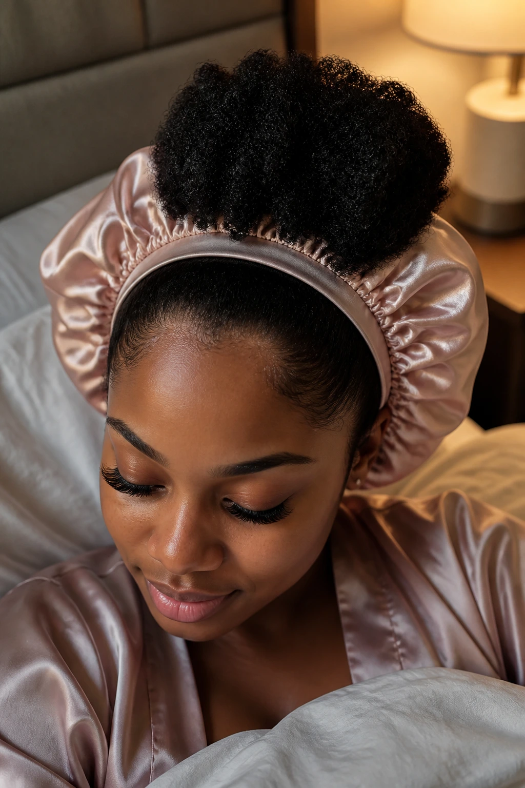 Close-up of a real woman wearing a satin bonnet during night care to preserve an afro puff