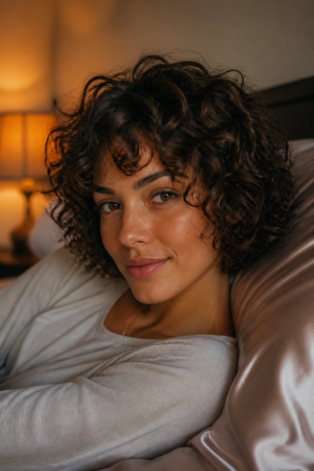 Real person with curly bob resting on satin pillow in bedroom setting