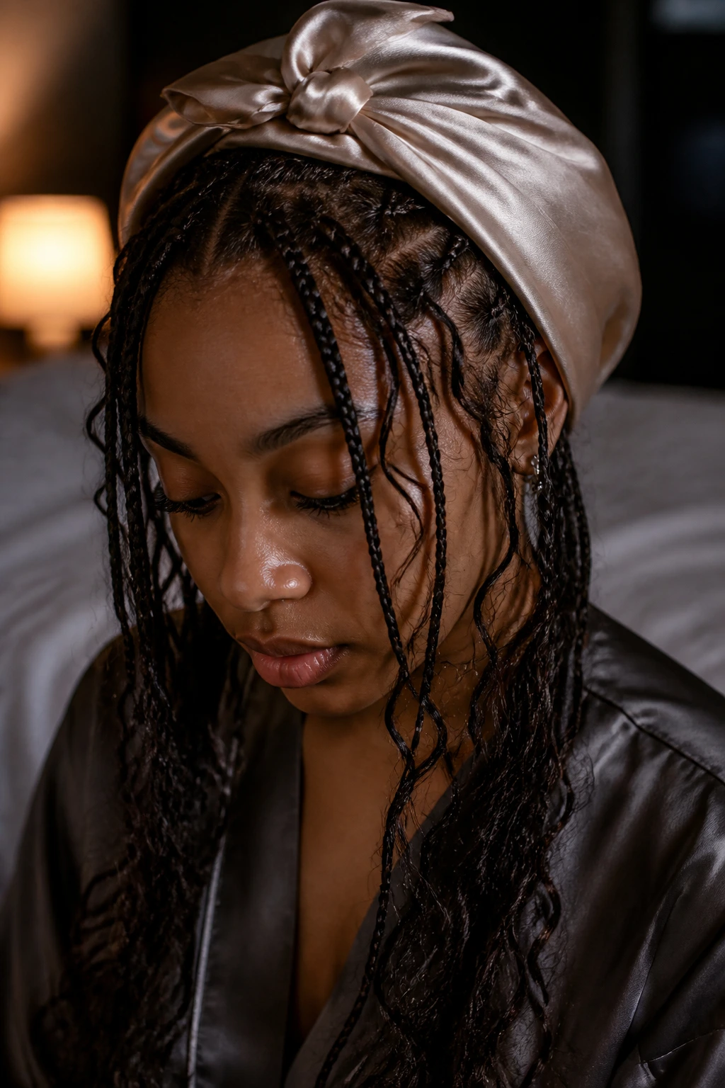 Close-up of real woman with satin scarf over knotless boho braids