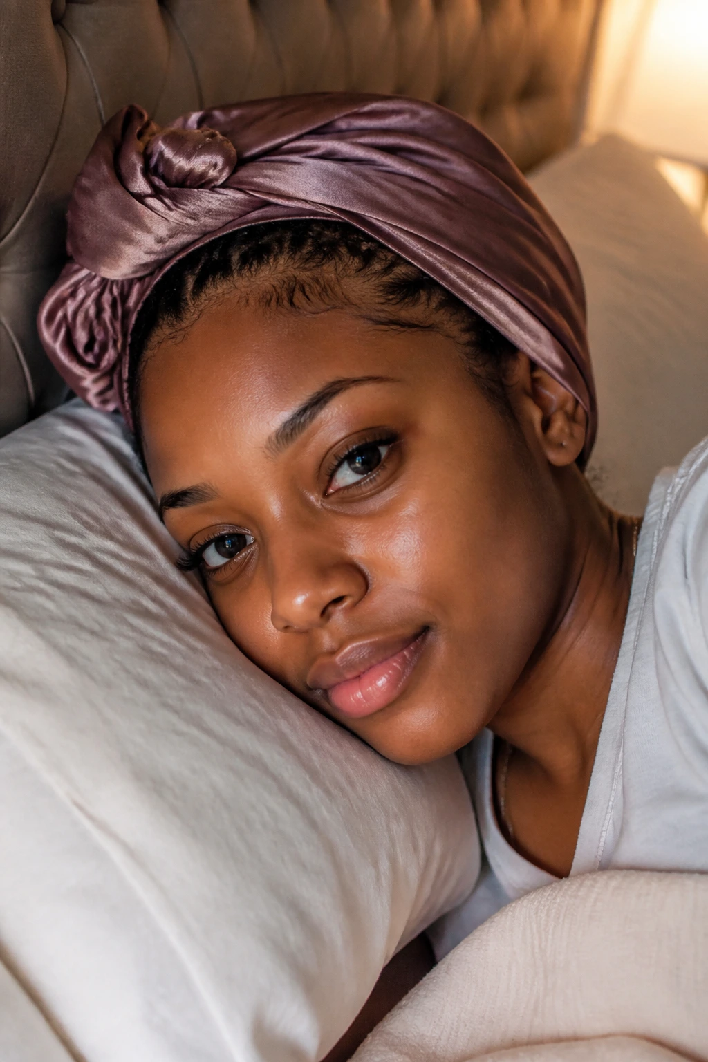 Close-up of a real person wearing a satin scarf protecting braids at night