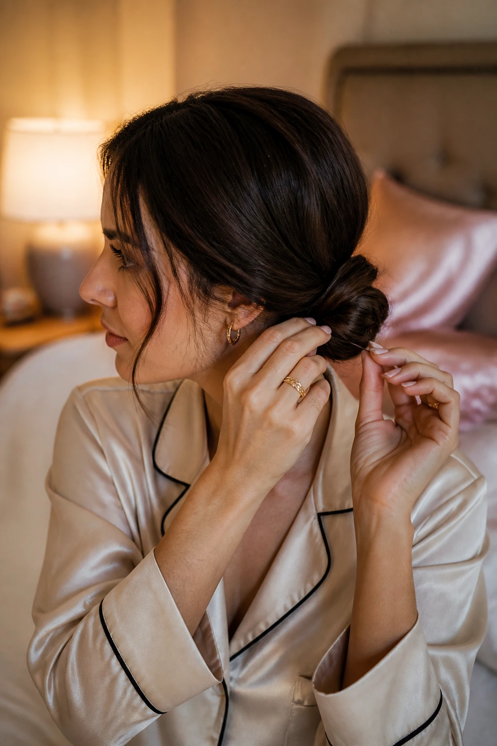 Night-time prep scene with woman styling a low bun in a softly lit bedroom.