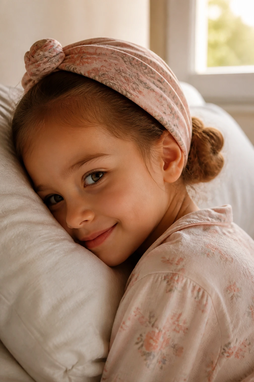 Portrait of a girl with a low wrapped bun under a scarf in a cozy bedroom