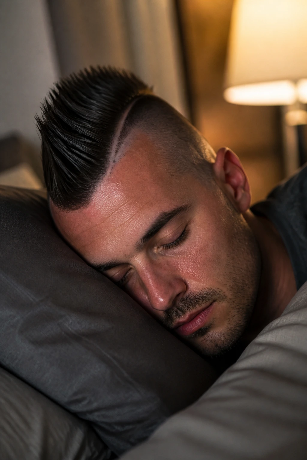 Close-up portrait of a real person with a short mohawk in a dim bedroom, illustrating nightly care.