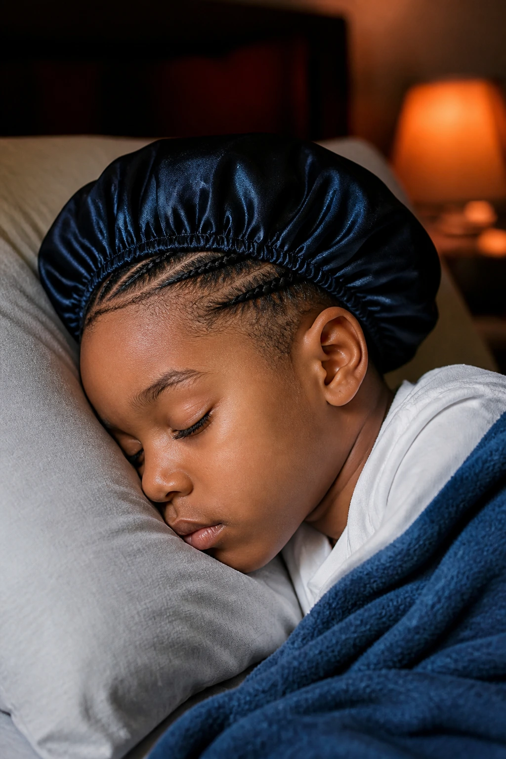 Close-up of sleeping boy wearing a satin bonnet protecting braided hair in a cozy bedroom.
