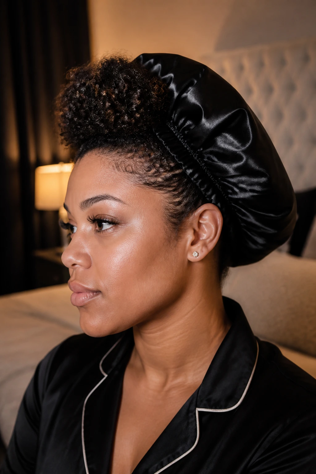 Real person wearing satin bonnet showing mohawk ridge in a cozy bedroom
