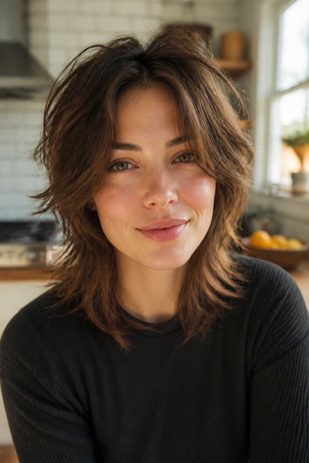 Close-up of real person with no-bang layered shag in morning light