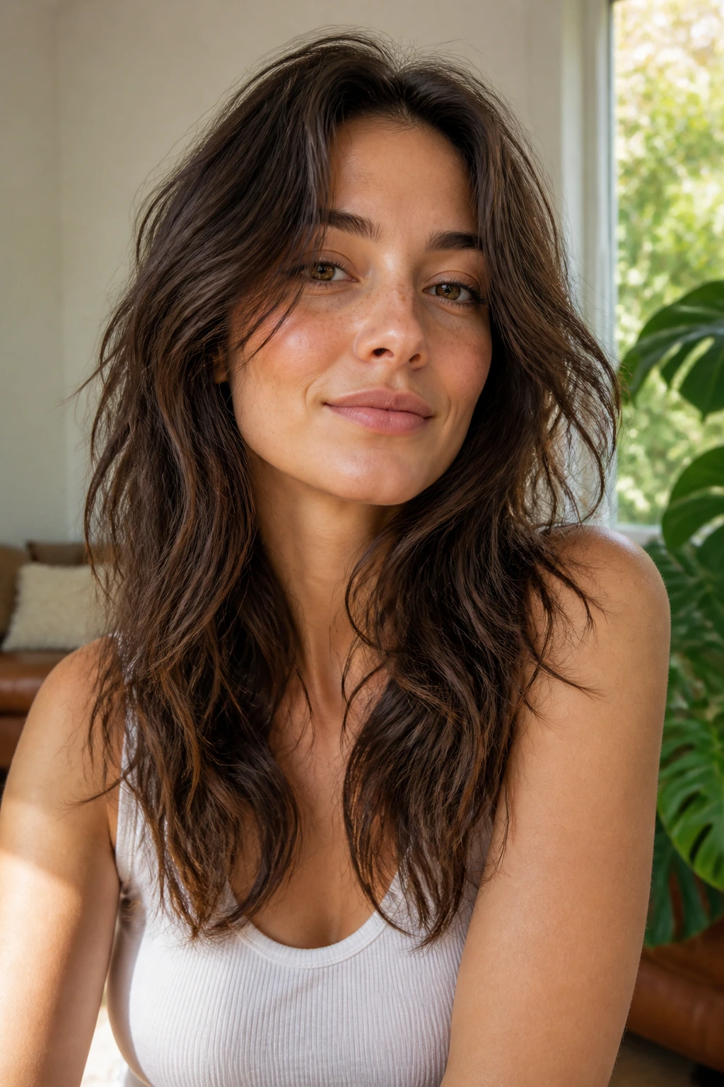 Real woman with No-Bang Long Shag, close-up showing long internal layers.