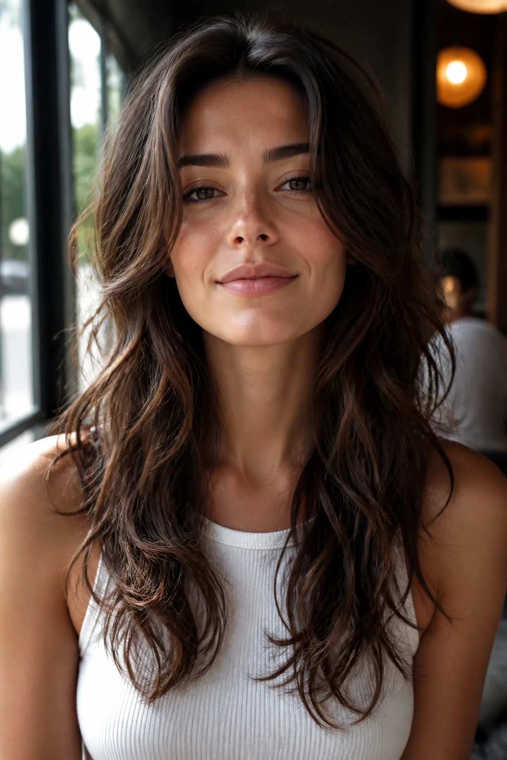Real person with No-Bang Long Wolf haircut featuring open forehead and chin-level framing.