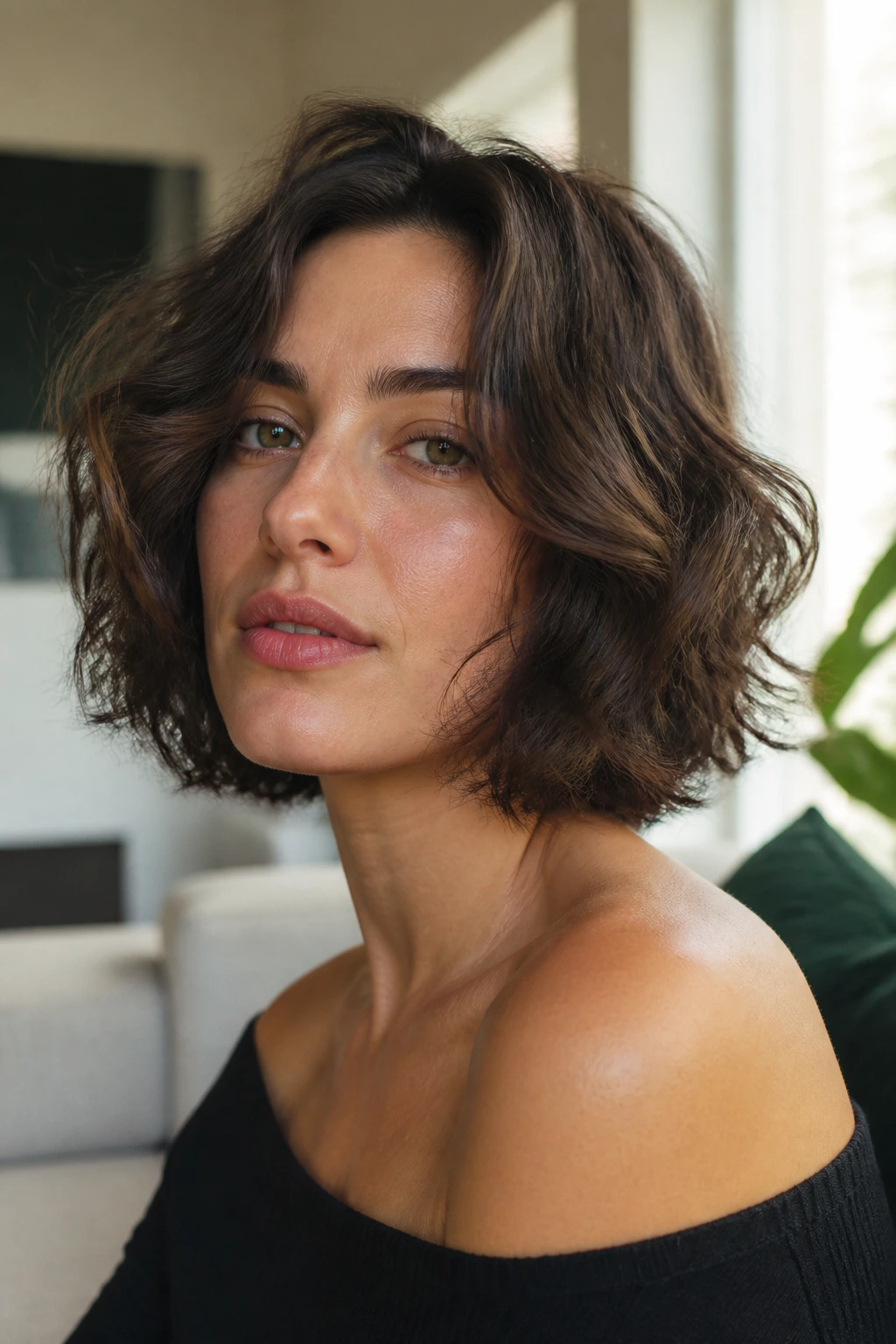 Close-up portrait of a real woman with a No-Bang Italian Shag hairstyle featuring a wavy bob and cheekbone framing layers.
