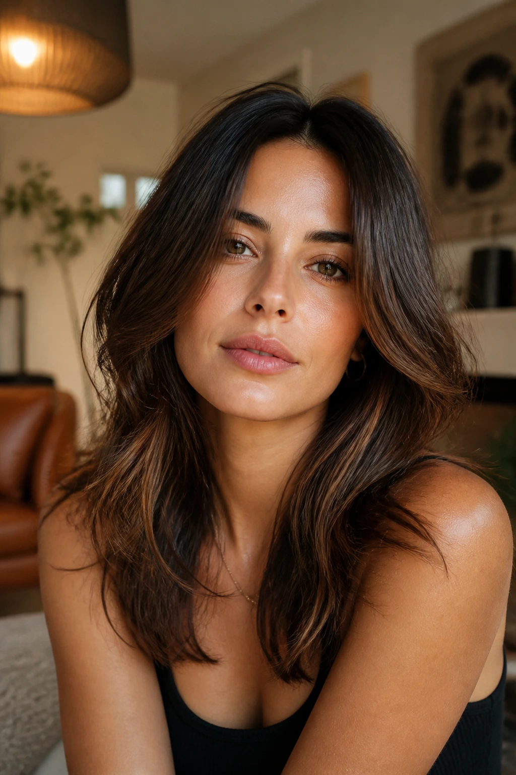 Portrait of a woman with no-bang shag in a stylish home setting